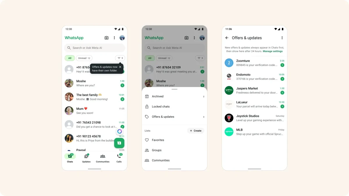واتس‌اپ پوشهٔ «Offers & Updates» برای پیام کسب‌وکارهای بزرگ آزمایش می‌کند