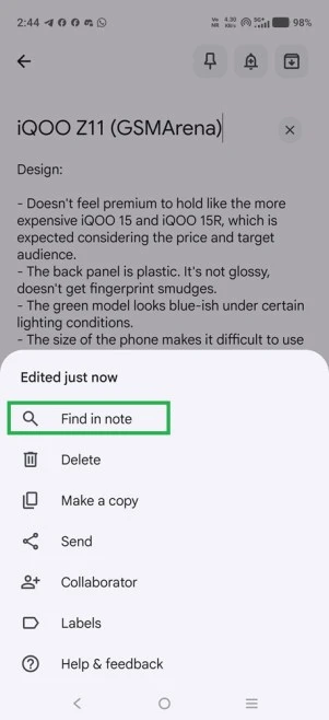 فعال شدن «Find in note» در گوگل کیپ برای اندروید