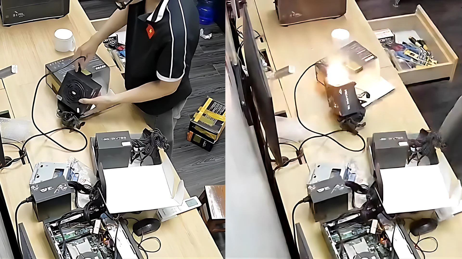 منبع تغذیه آتش گرفت — VSP MEGA MAX VS750D هنگام اتصال شعلهور شد؛ تکنسین حادثه را مهار کرد
