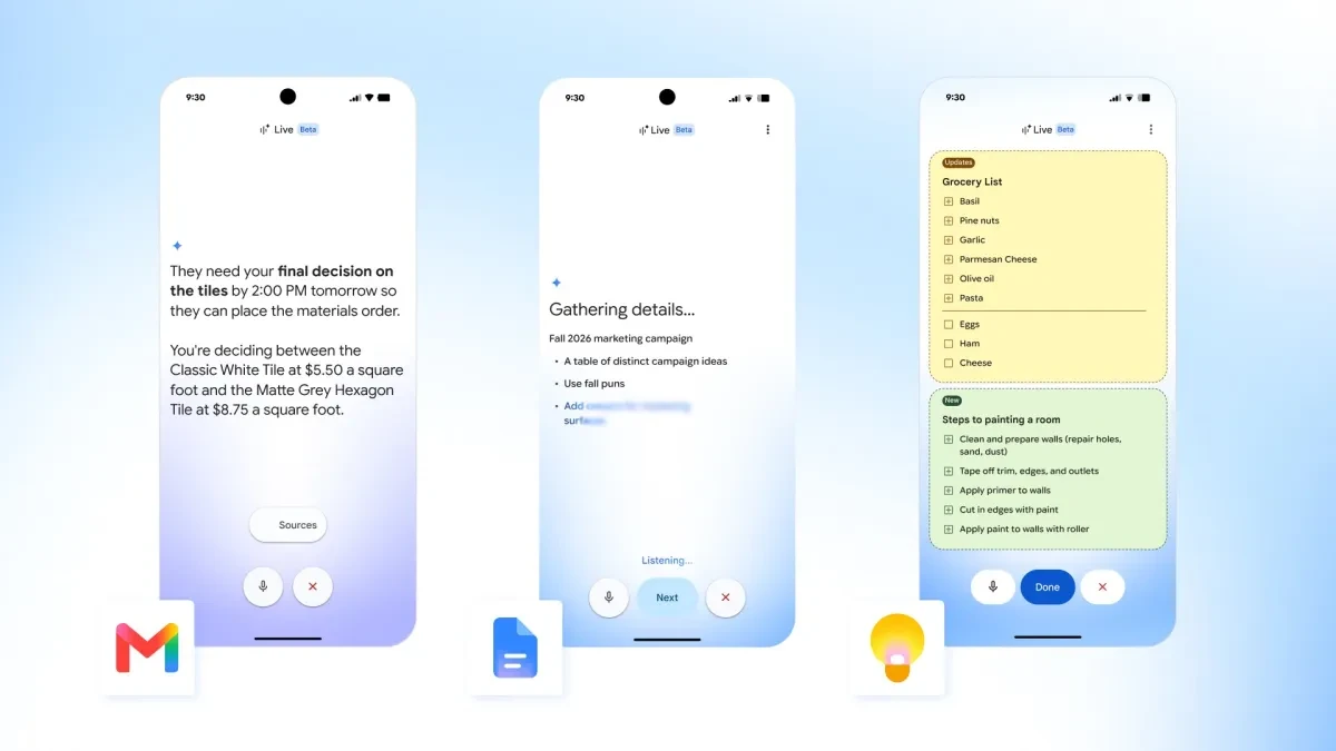 قابلیت‌های صوتی گوگل: فعال‌سازی Gemini در Gmail، Docs و Keep