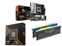 پردازنده AMD Ryzen 5 9600X در کنار مادربورد و خنک‌کننده مایع