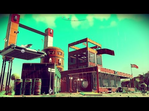 منظرهٔ فرازمینی در No Man's Sky نسخهٔ 2016 با صخره‌ها و آسمان بنفش