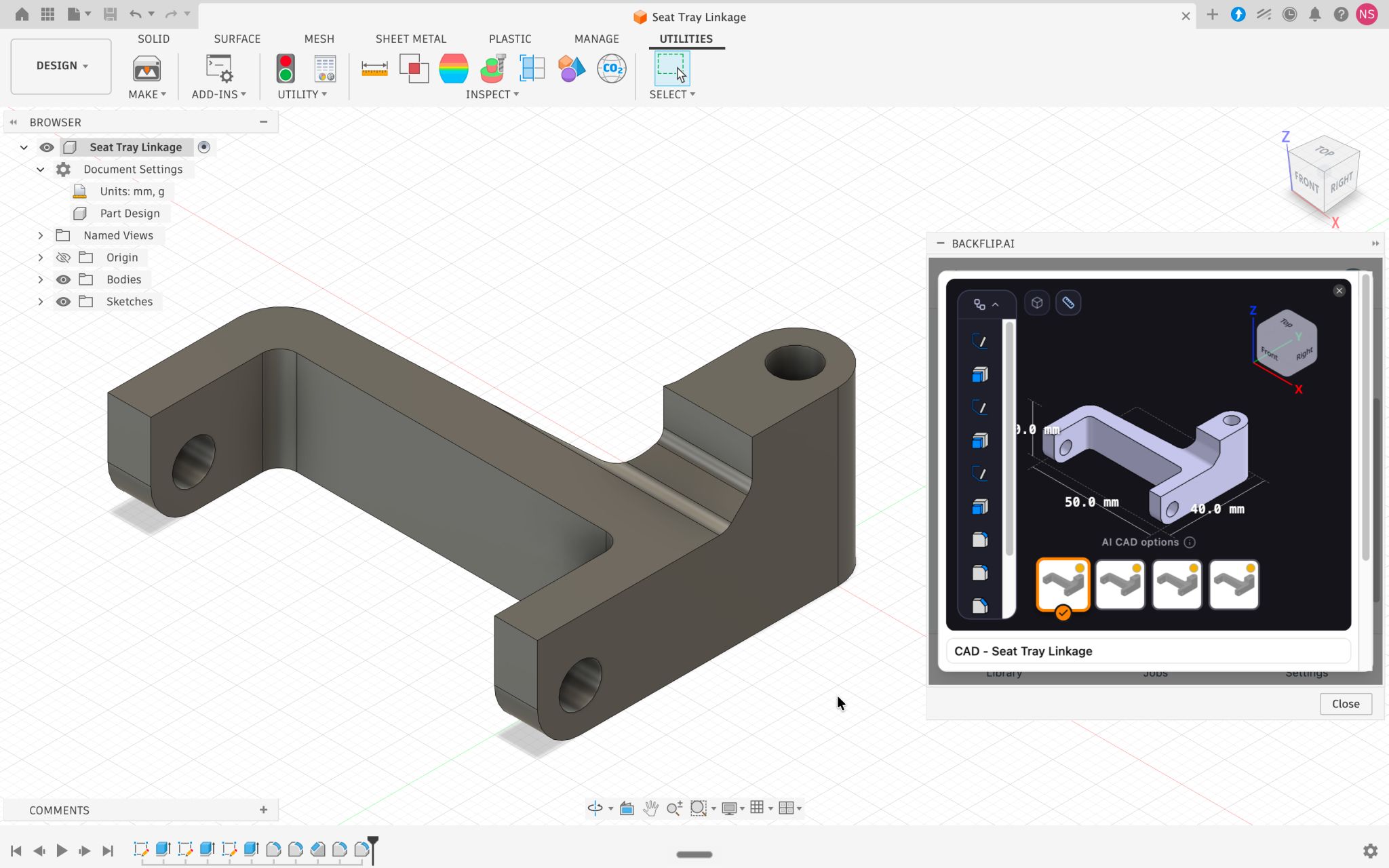 نمایی از رابط کاربری افزونه Backflip در محیط Autodesk Fusion