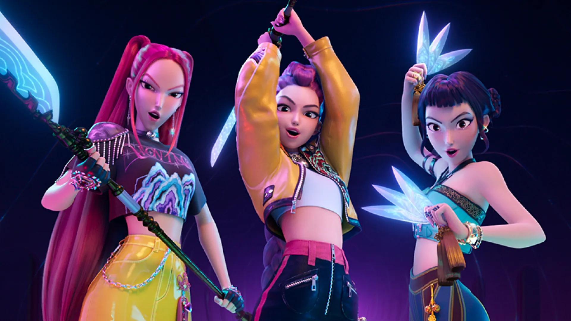 تصویر داخل متن: کاور به سبک انیمه با شخصیت‌های اصلی KPop Demon Hunters