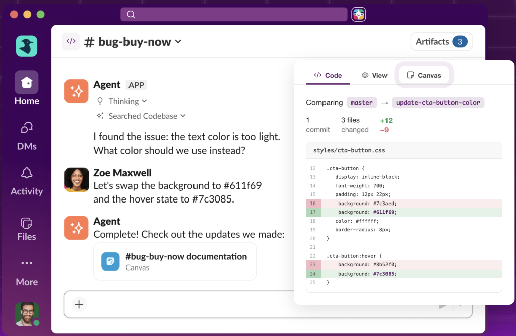 نمونه‌ای از کانال Slack Code با نمایش diffها و پیش‌نمایش HTML