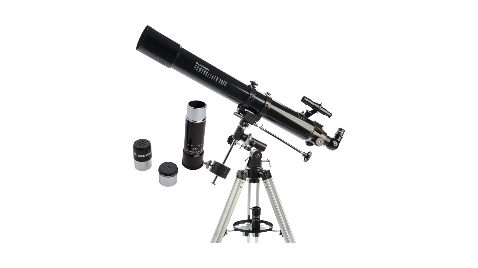 نمای نزدیک تلسکوپ Celestron PowerSeeker 80EQ روی سه‌پایه