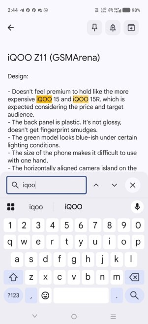 نمایی از رابط Google Keep با قابلیت Find in note
