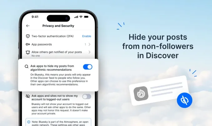 نمایی از رابط کاربری اپ Bluesky و تنظیمات حریم خصوصی