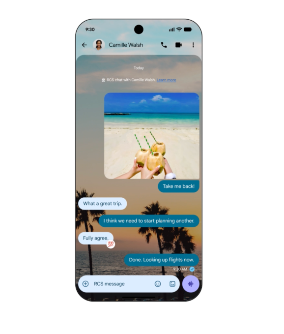 نمونه شخصی‌سازی گفتگو در Google Messages با پس‌زمینه و رنگ حباب‌ها